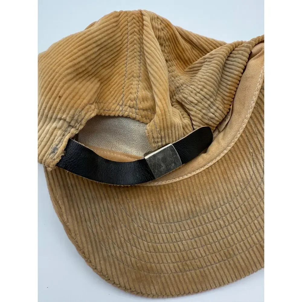 Vintage Vail Corduroy Snapback Hat Tan Leather Strap Cap Made in Taiwan USA